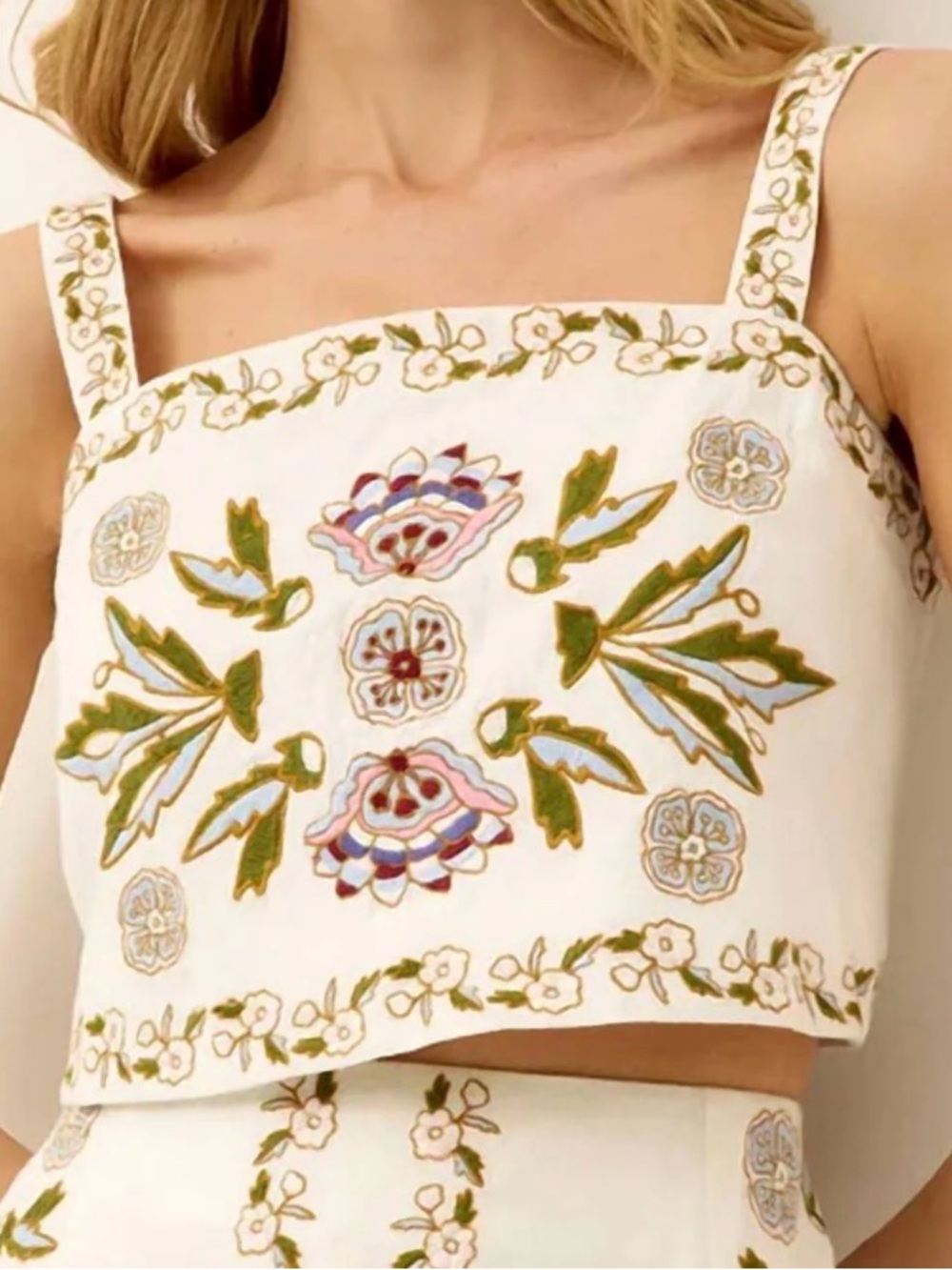 Marie Oliver White Embroidered Cropped Camisole with Multicolor Floral Motifs